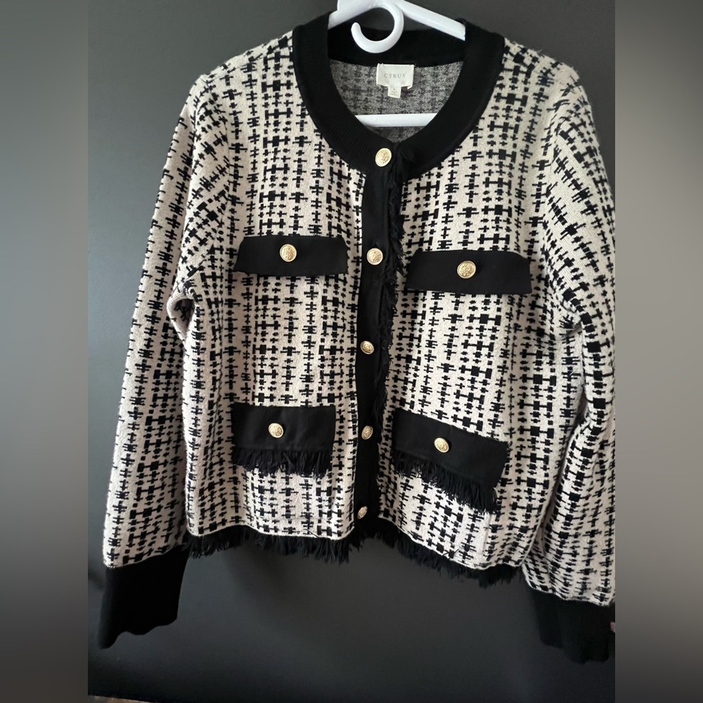 Cyrus Monochrome Tweed Jacket with Gold Button
